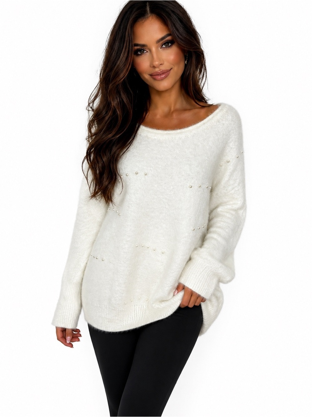 Misslook Sweater Size Large White Fuzzy Pearl Embellished Oversized Knit Top L